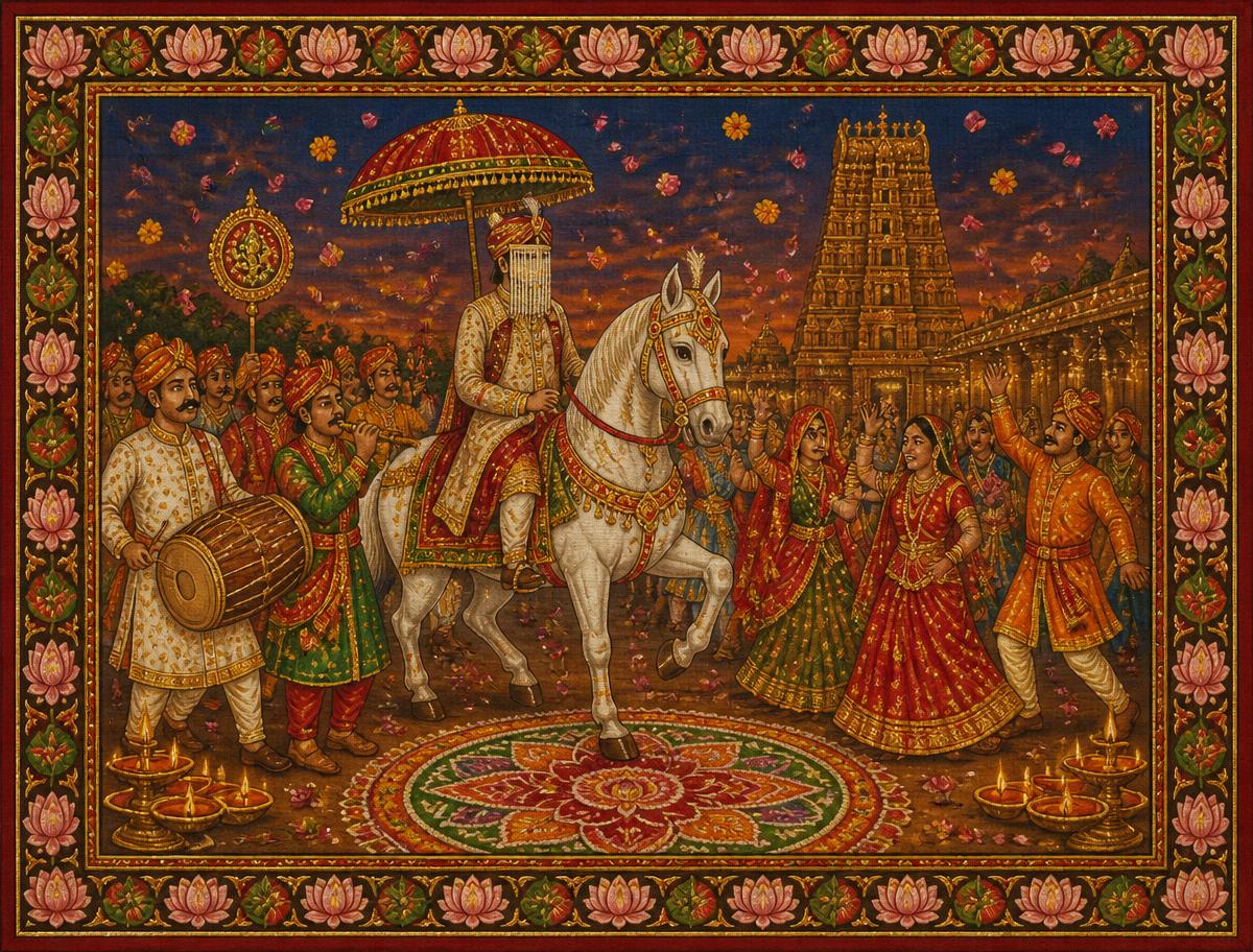 Painted baraat procession with the groom on a white horse, dhol players and rangoli