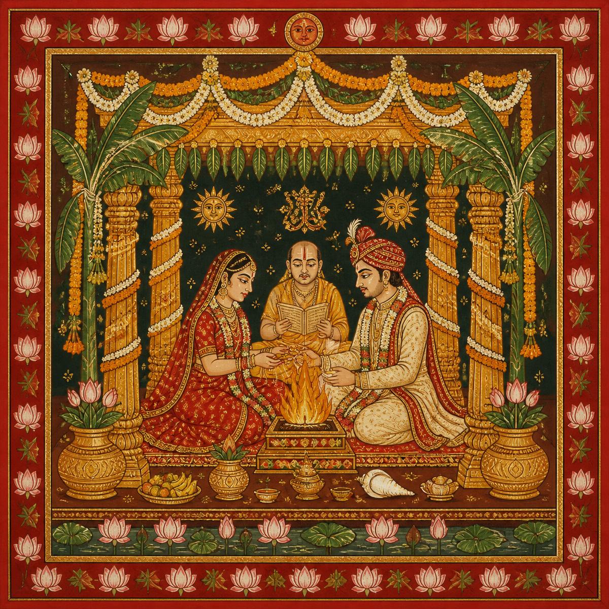 Folk painting of a bride and groom seated before the sacred fire under a mandap